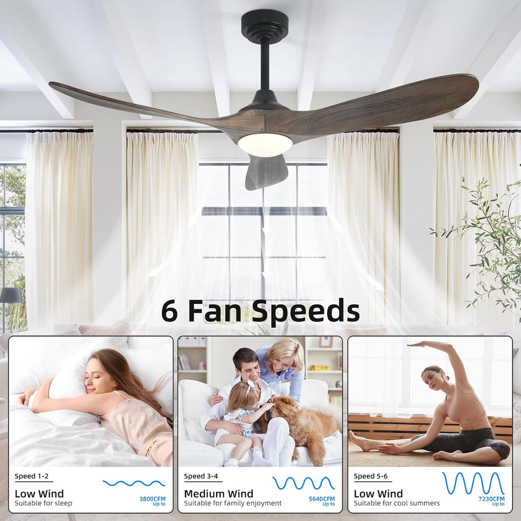 52' Outdoor Ceiling Fan with Light, Compatible with Alexa/Google, 3 Walnut Solid Wood Blade, Noiseless Reversible Dc Motor, Smart Outdoor Wood Ceiling Fan for Farmhouse Patios, Dark Brown