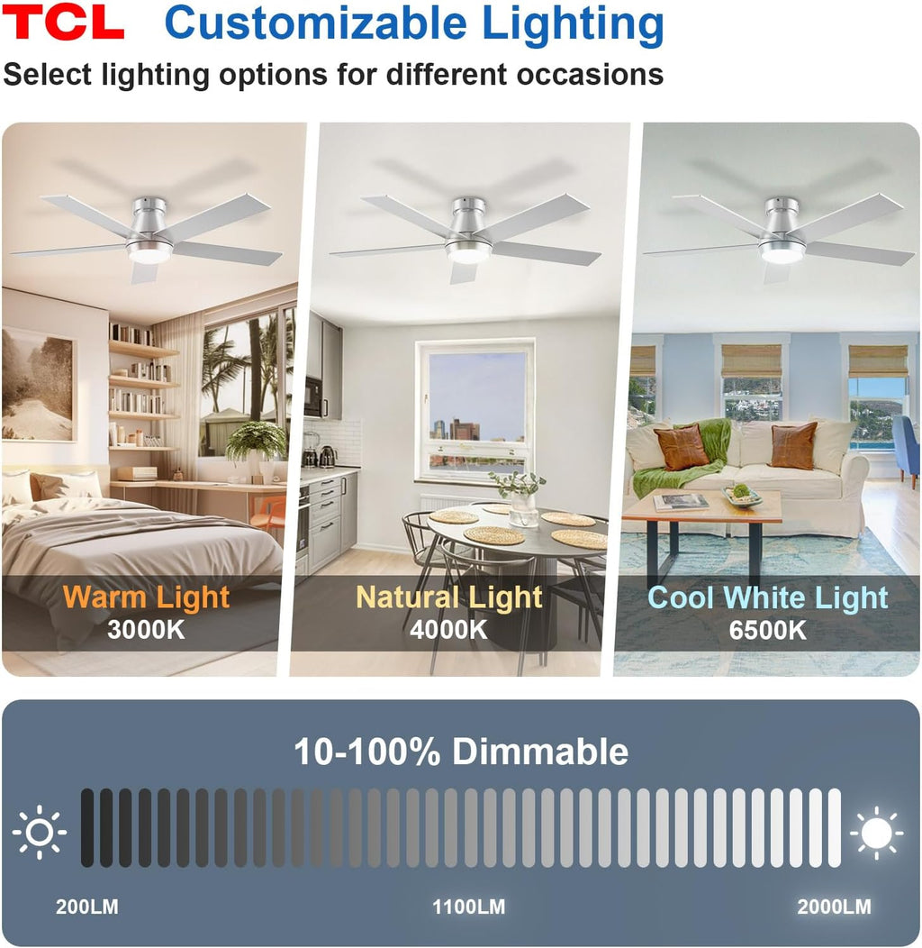 TCL 52' Ceiling Fan with Lights, Silver Flush Mount, 5 Blade Low Profile, 6 Speeds DC Reversible, Dimmable, Modern for Bedroom, Living Room and Garage