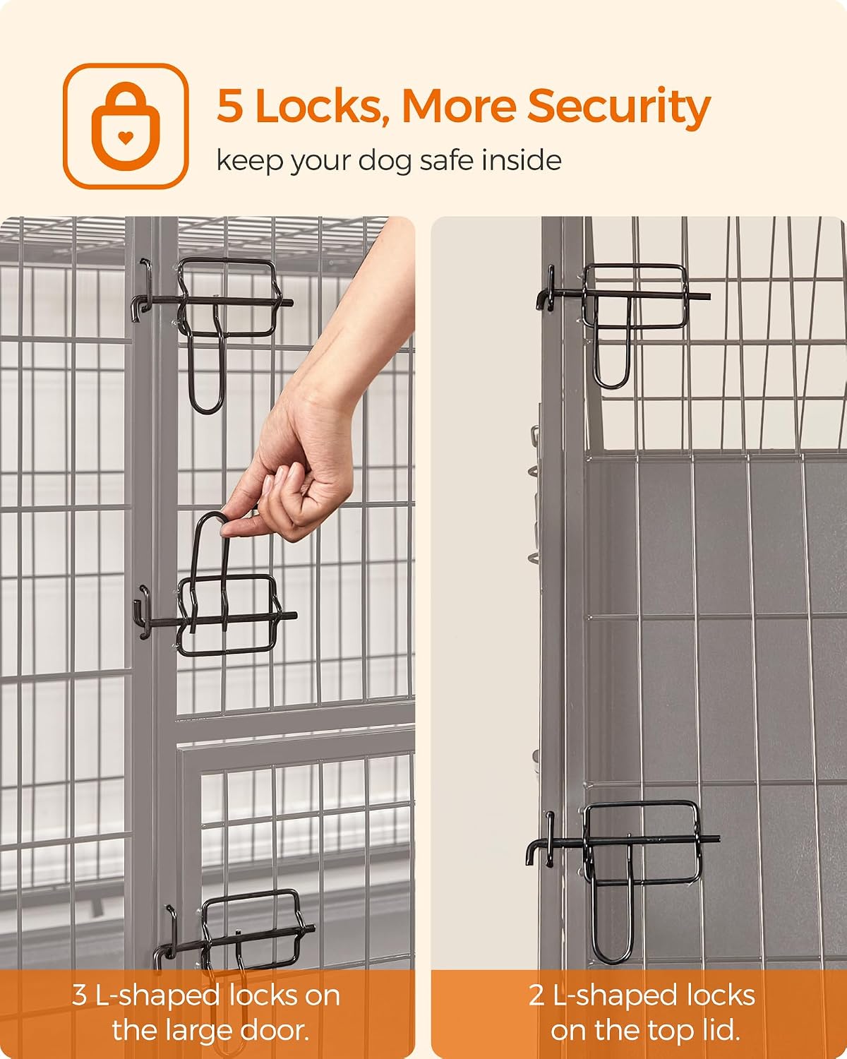Feandrea 42.1 Inch Heavy Duty Dog Crate, Metal Escape Proof Kennel with Double Doors and Convenient Feeding Door, Removable Tray, Easy to Clean, XL Pet Crate for Large and Medium Dogs, Black