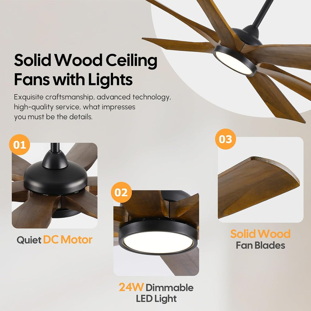 72 Inch Outdoor Ceiling Fan with Light for Patio, Smart Alexa/APP/Remote Control, 6 Brown Wood Blades Damp Rated, Large Airflow Quiet Reversible DC Motor, for Indoor Covered Exterior Farmhouse Bedroom