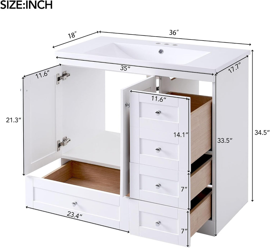 LUMISOL 36'' Bathroom Vanity with Sink, Freestanding Single Vanity with Ceramic Sink, Modern Bathroom Storage Cabinet with Soft Close Doors & Drawers for Guest Bath, Master Suite, Rental, White