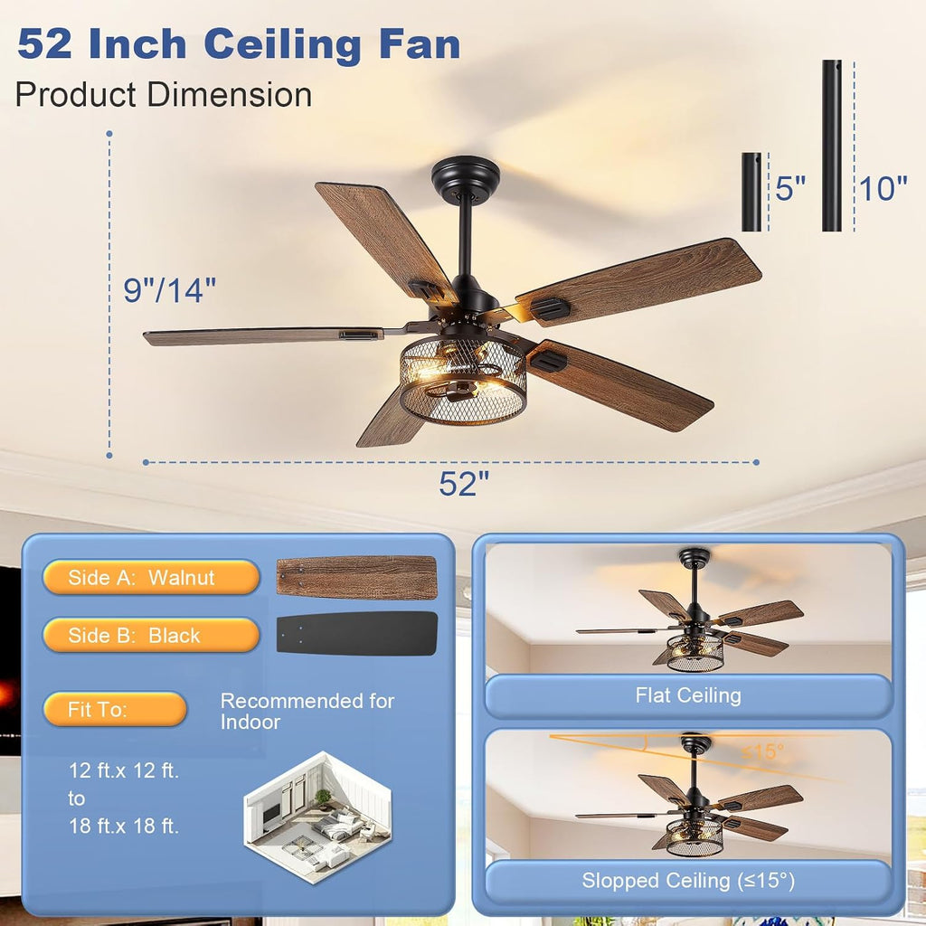 Depuley 52-Inch Ceiling Fans with Lights: Caged Ceiling Fans Dual Finish 5 Blades - Farmhouse Ceiling Fan with Remote Control for Rustic Living Room Outdoor Patio Reversible (Black Walnut)
