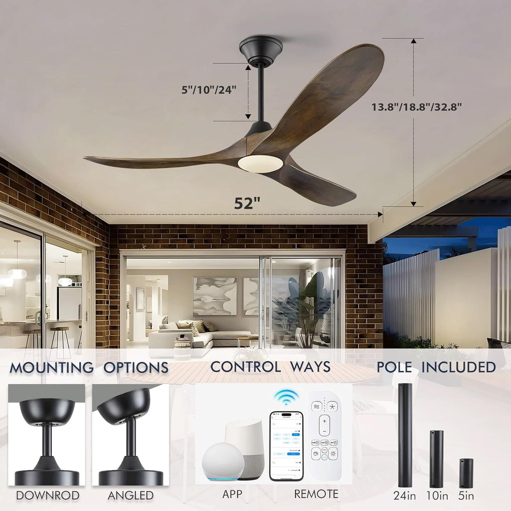 52 Inch Smart Ceiling Fan with Lights, Outdoor Ceiling Fans for Patios Damp Rated, 3 Blades Propeller Walnut Wood Farmhouse Ceiling Fan, Large Airflow DC Ceiling Fan with Remote/ APP/ Alexa Control