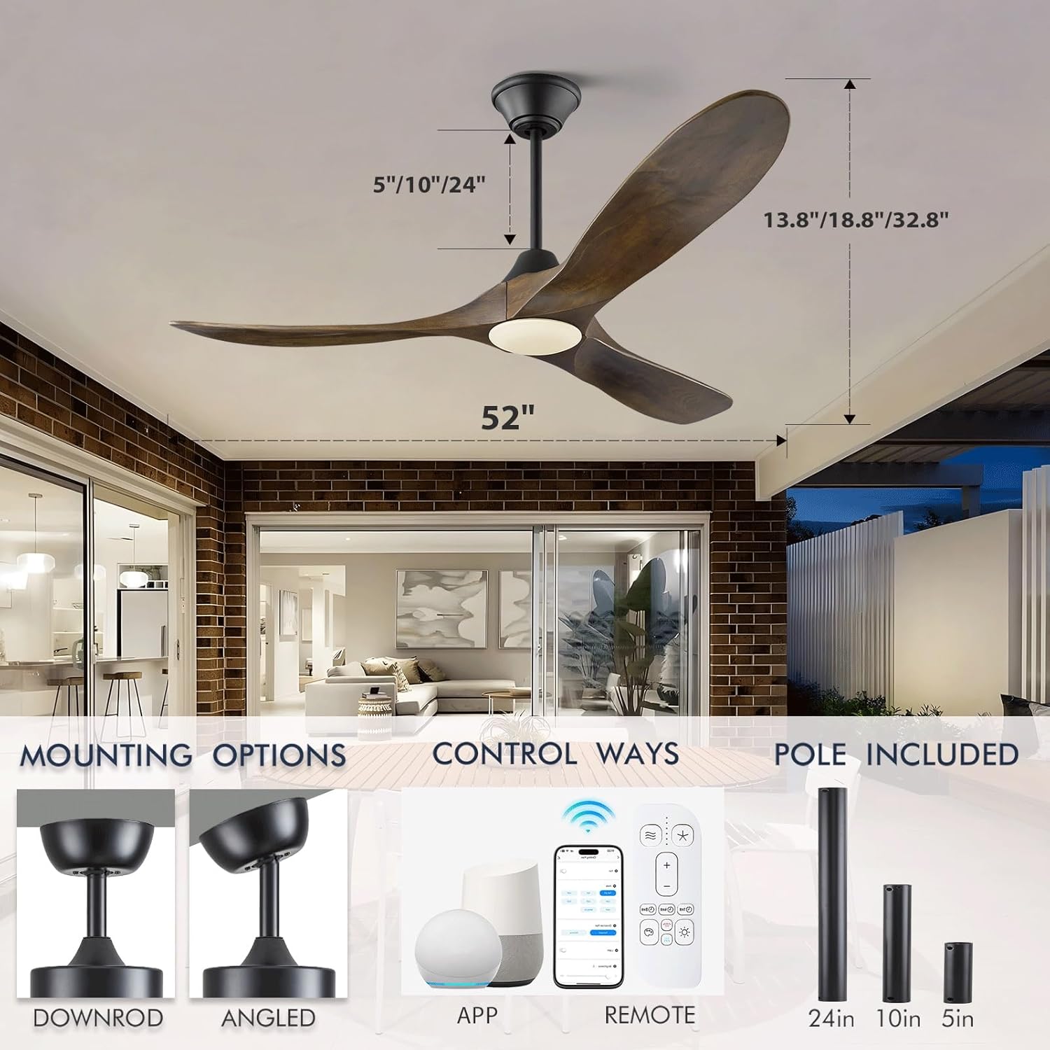 52 Inch Smart Ceiling Fan with Lights, Outdoor Ceiling Fans for Patios Damp Rated, 3 Blades Propeller Walnut Wood Farmhouse Ceiling Fan, Large Airflow DC Ceiling Fan with Remote/ APP/ Alexa Control