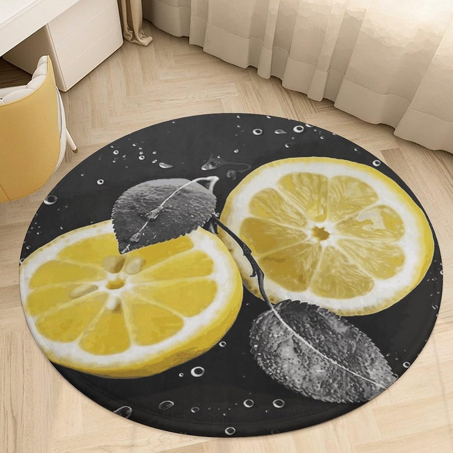 Lemon with on Black and White Coral Velvet Round Floor Mat Non-Slip Bath Rug Floor Covering for Bathroom Vanity Guest Suite & Vacation Home