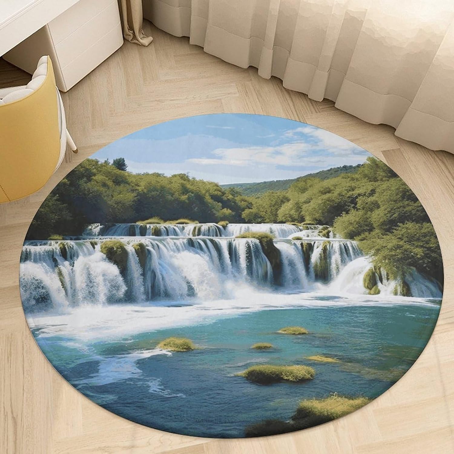 Waterfalls on Krka River Coral Velvet Round Floor Mat Non-Slip Bath Rug Floor Covering for Bathroom Vanity Guest Suite & Vacation Home