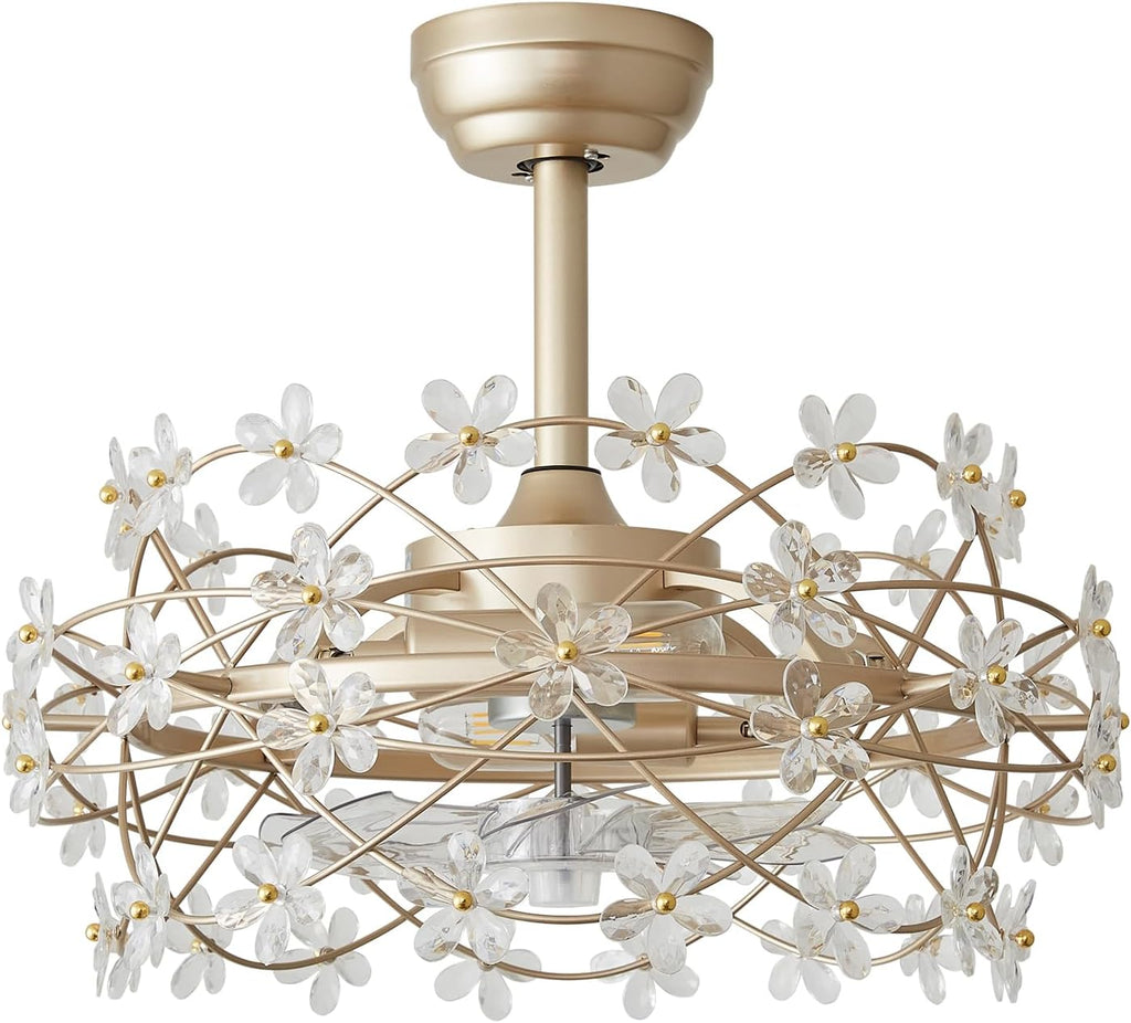 20' Gold Crystal Fandelier Ceiling Fans with lights, Gold Caged Flower ceiling fan with Remote Control, Chandelier with 6 Speeds for Bedroom, Nursery, Living Room
