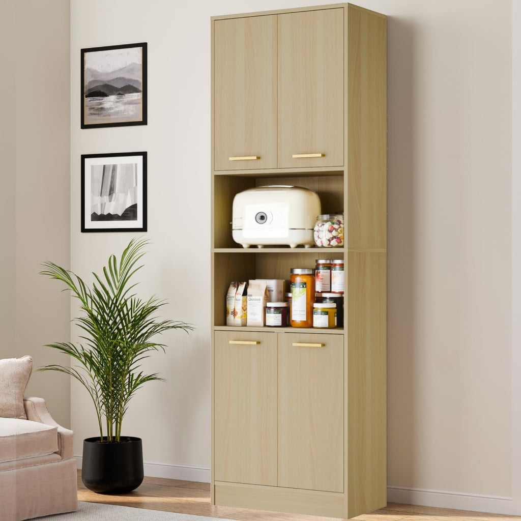 Cozy Castle Kitchen Pantry Cabinet, 75' Tall Wood Storage Cabinet with Doors and Shelves, 4 Doors Open Countertop Utility Hutch Cupboard for Dining Room Living Room Bathroom Furniture, Oak