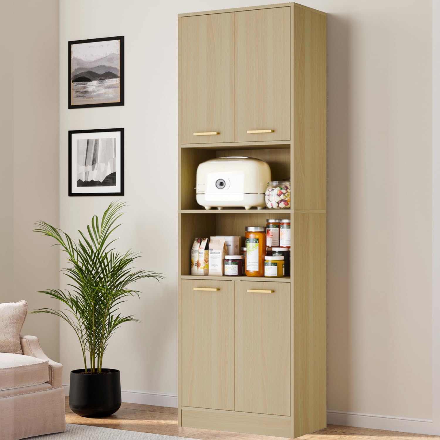Cozy Castle Kitchen Pantry Cabinet, 75' Tall Wood Storage Cabinet with Doors and Shelves, 4 Doors Open Countertop Utility Hutch Cupboard for Dining Room Living Room Bathroom Furniture, Oak
