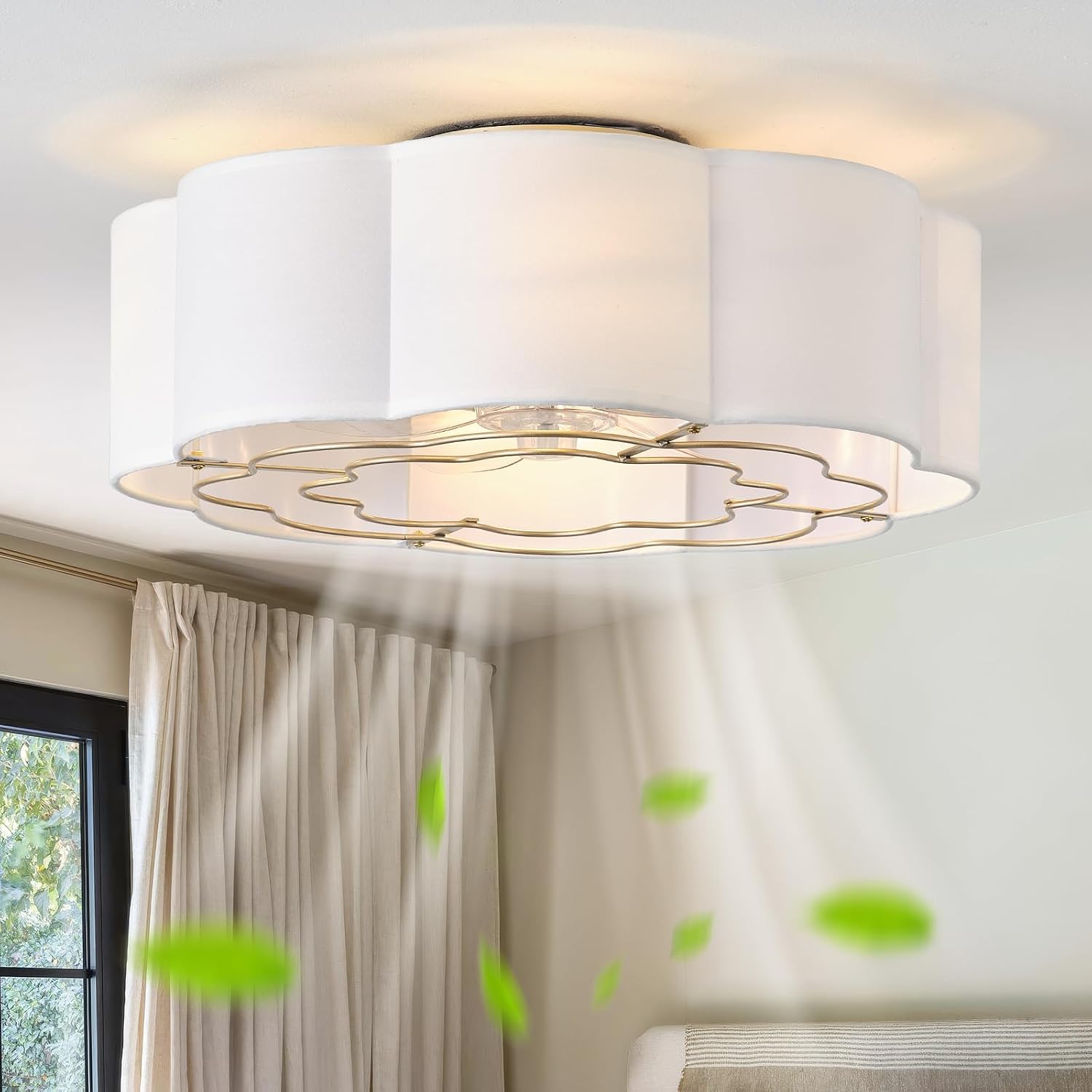 20' Low Profile Ceiling Fan with Light, Caged Flush Mount Ceiling Fan with Light Remote Control, Boho Bladeless with 6 Speeds for Bedroom, Nursery, Living Room.