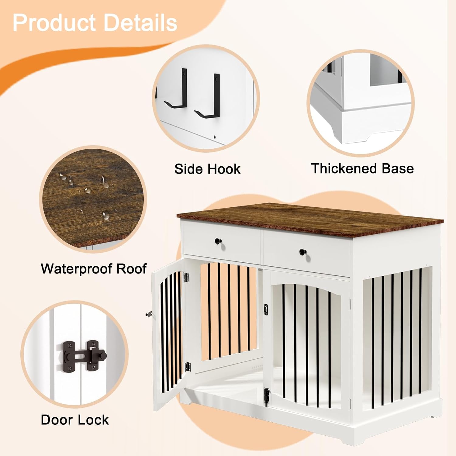 BREEZEHEAT 40 inch Dog Crate Furniture-Farmhouse Dog Kennel with Drawers-End Table Wooden Pet Crate, Double Door Design, Decorative Dog House Indoor for Small Medium Large Dog,Brwon
