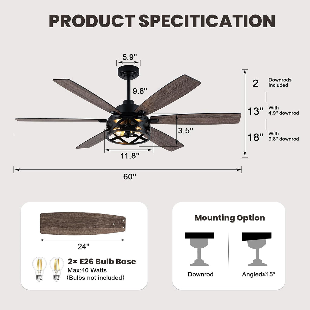 Dawn Whisper 60 Inch Farmhouse Ceiling Fans with Lights and Remote Large Black Caged Rustic Chandelier Ceiling Fan for Bedroom Living Room Quiet and Reversible DC Motor 6 Speeds