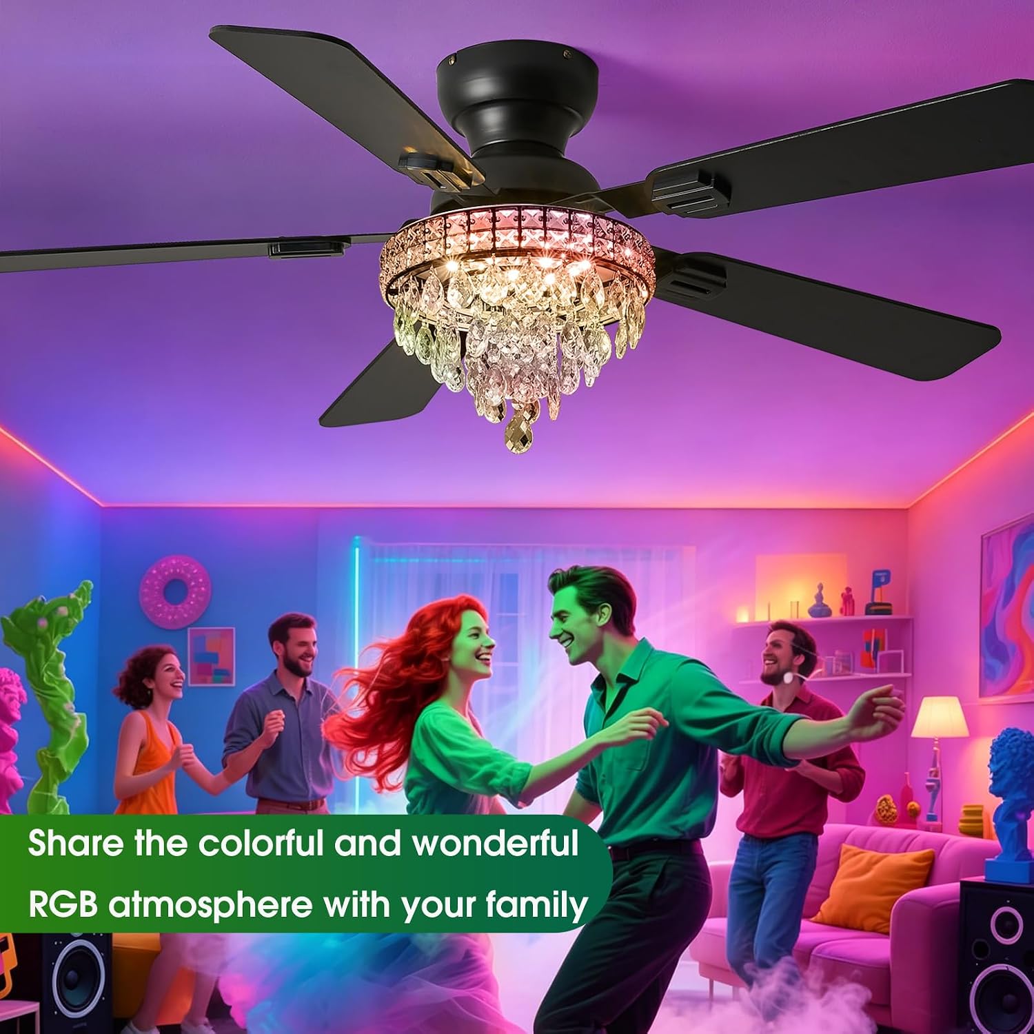 52' Crystal Ceiling Fans with RGB Lights, Remote/App Control, Modern Fandelier Ceiling Fan Flush Mount, Reversible DC Motor, Dimmable, Bedroom Chandelier Fan, (Black)