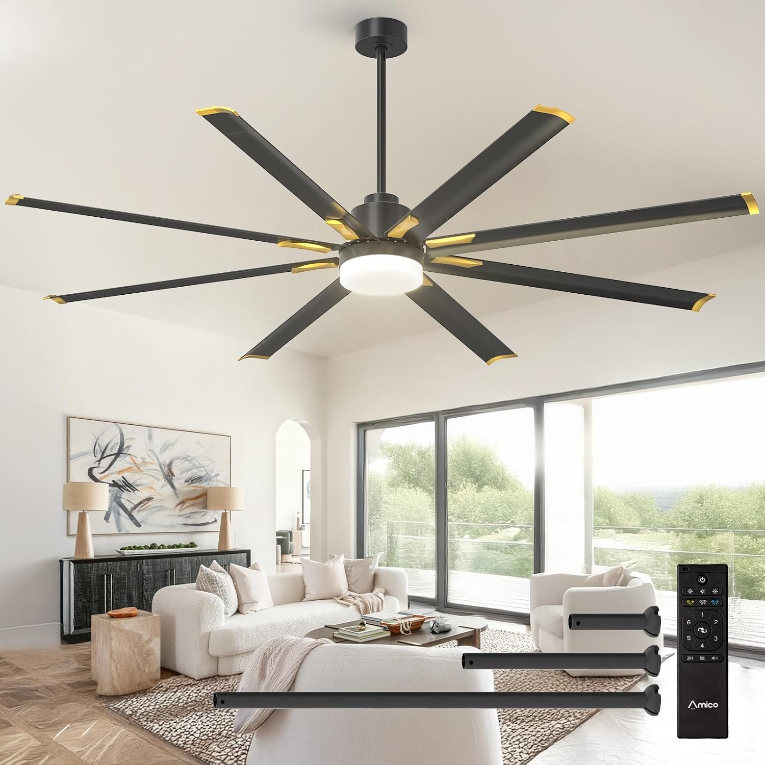 Amico 84 Inch Ceiling Fan with Light, Industrial Large Ceiling Fan with Quiet DC Motor, 8 Aluminum Reversible Blades, 6-Speed Remote Control, Indoor/Outdoor Ceiling Fans for Porch/Garage/Shop, Black