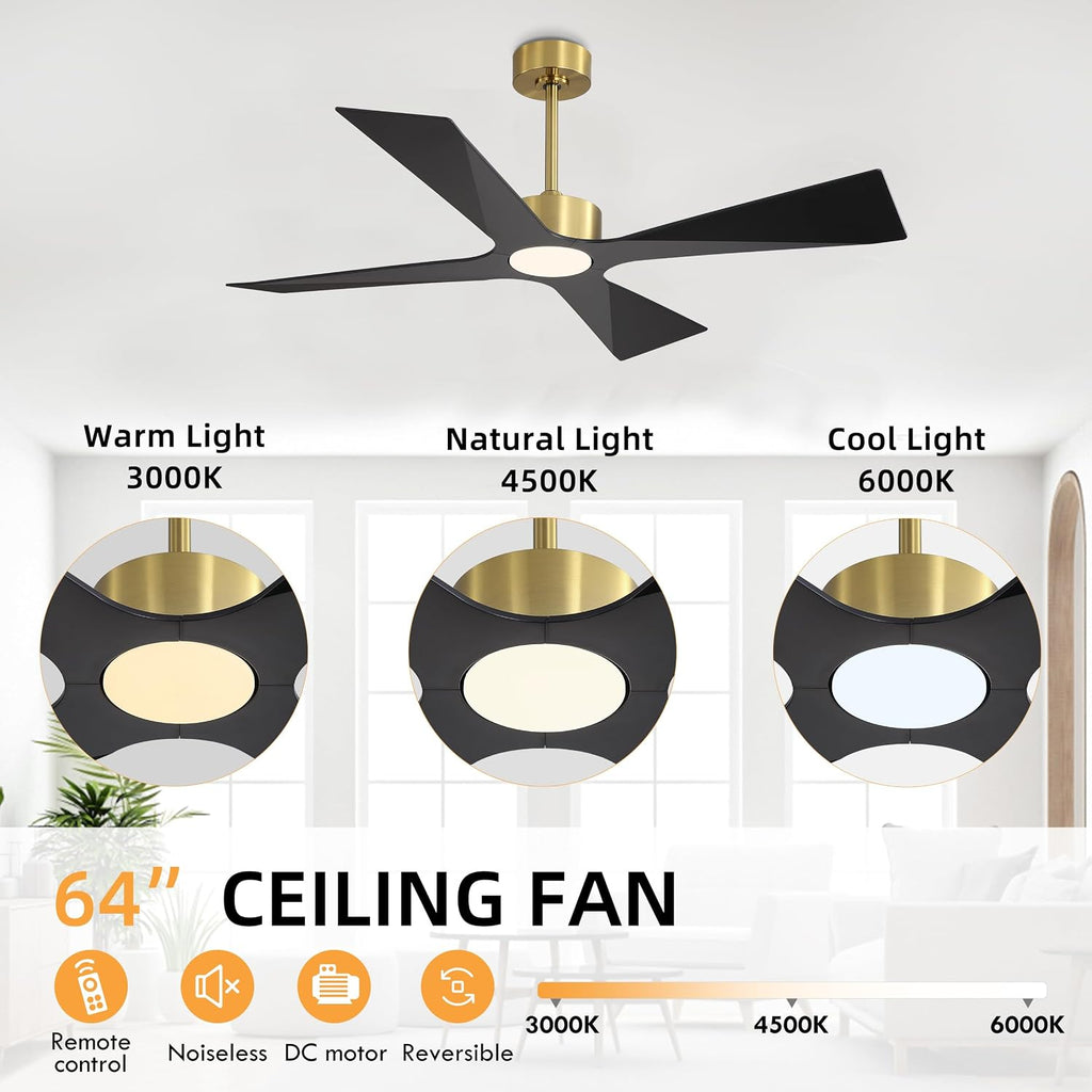 WINGBO 64' Wet Rated Outdoor Ceiling Fan with Lights, 4 ABS Plastic Blades, Reversible DC Motor, 6-Speed Remote Control, 3 CCT, Waterproof Ceiling Fan for Patio Porch Gazebo Garage, Brass and Black