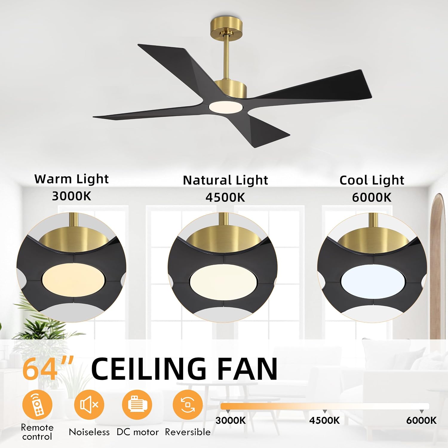 WINGBO 64' Wet Rated Outdoor Ceiling Fan with Lights, 4 ABS Plastic Blades, Reversible DC Motor, 6-Speed Remote Control, 3 CCT, Waterproof Ceiling Fan for Patio Porch Gazebo Garage, Brass and Black