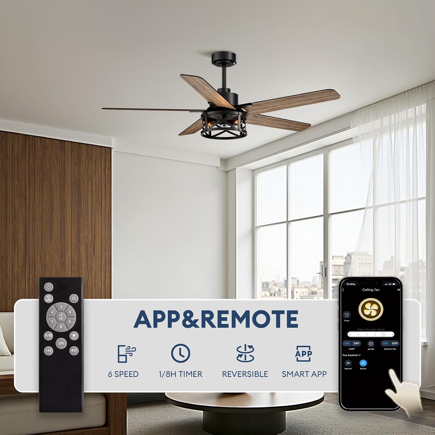 52 Inch Ceiling Fans with Lights and Remote Control, Low Profile Farmhouse Ceiling Fan for Bedroom Living Room and Patio, Black Caged Ceiling Fan for Indoor and Outdoor（NO BULBS）