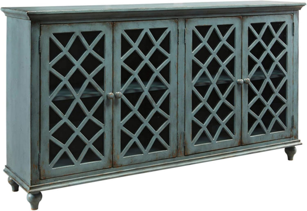 Signature Design by Ashley Mirimyn Vintage 69' 4-Door Accent Cabinet with Mirrored Glass and 2 Adjustable Shelves, Antique Blue