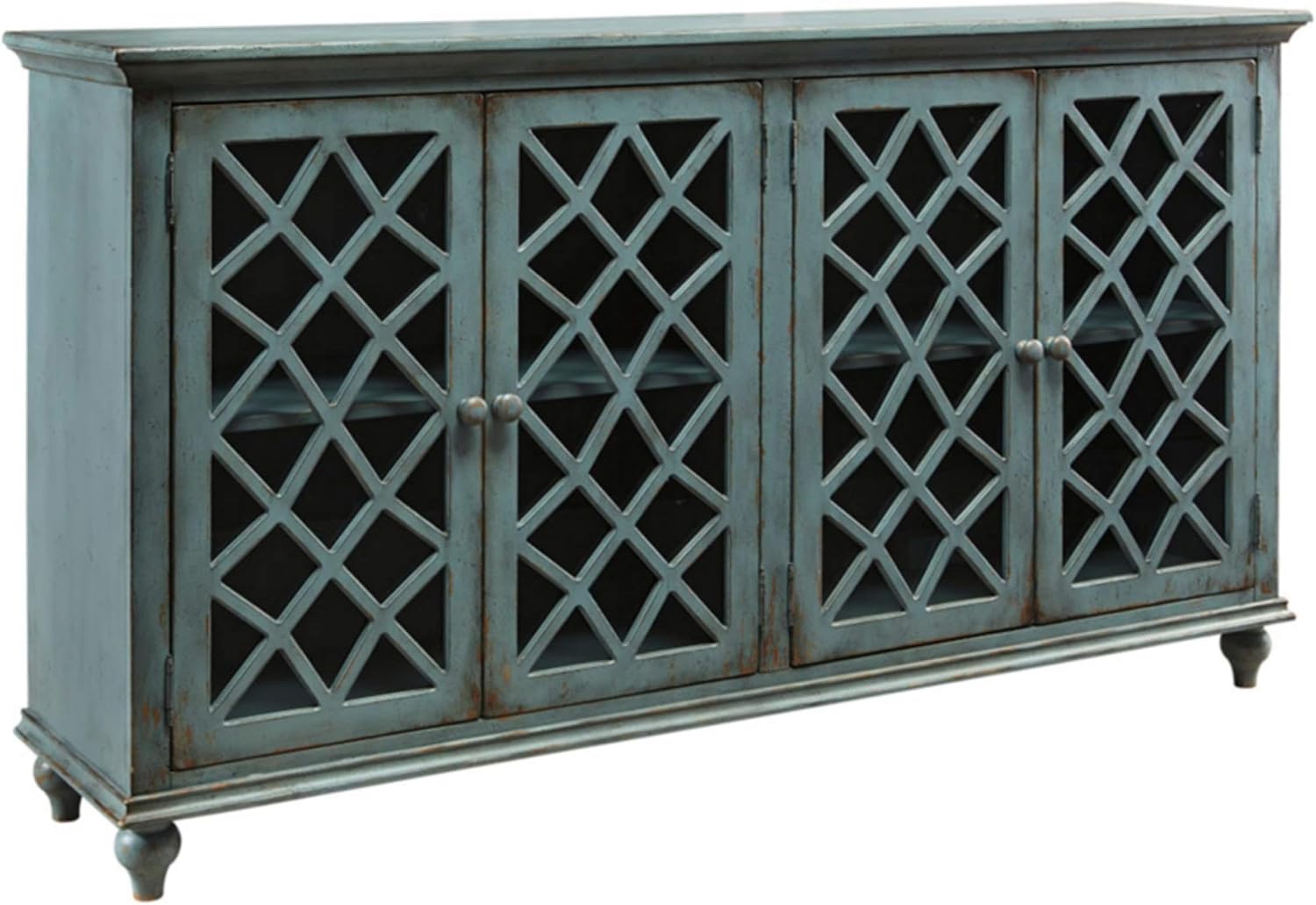 Signature Design by Ashley Mirimyn Vintage 69' 4-Door Accent Cabinet with Mirrored Glass and 2 Adjustable Shelves, Antique Blue