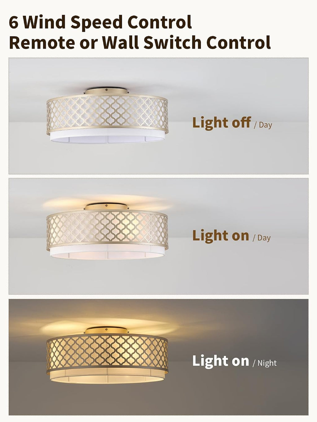 20' Gold Flush Mount Ceiling Fan with Light, Boho Ceiling Fans with Lights, Enclosed with Remote Control 6 Speeds for Living Room, Bedroom, Nursery
