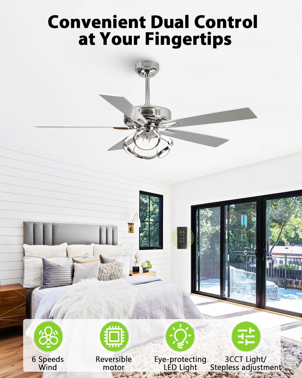Ceiling Fans with Lights and Remote - Modern Silver Ceiling Fan with Light and Remote, 3CCT, 6 Speeds, Quiet, Dual-Sided Reversible Blades Indoor Outdoor Chandelier Fan for Bedroom Living Room