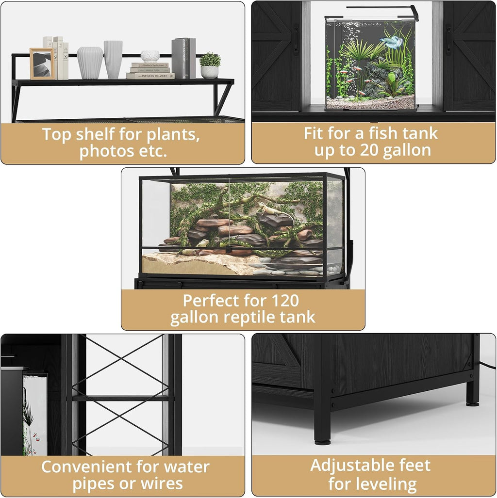 VOWNER Farmhouse Reptile Tank Stand with Power Outlet, 48' X 24' Tabletop Fits up 120 Gallon Bearded Dragon Tank, Heavy Duty Aquarium Stand with Storage Cabinet, Reptile Turtle Terrarium Stand Black