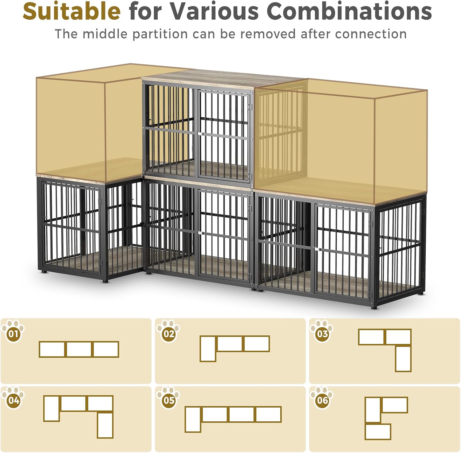 Lyromix 43'' Stackable Dog Crate Furniture Large Breed with Double Rooms,Wooden Dog Crate Heavy Duty Dog Kennel Indoor with Removable Divider for Small to Medium Dogs, Can Use Separately