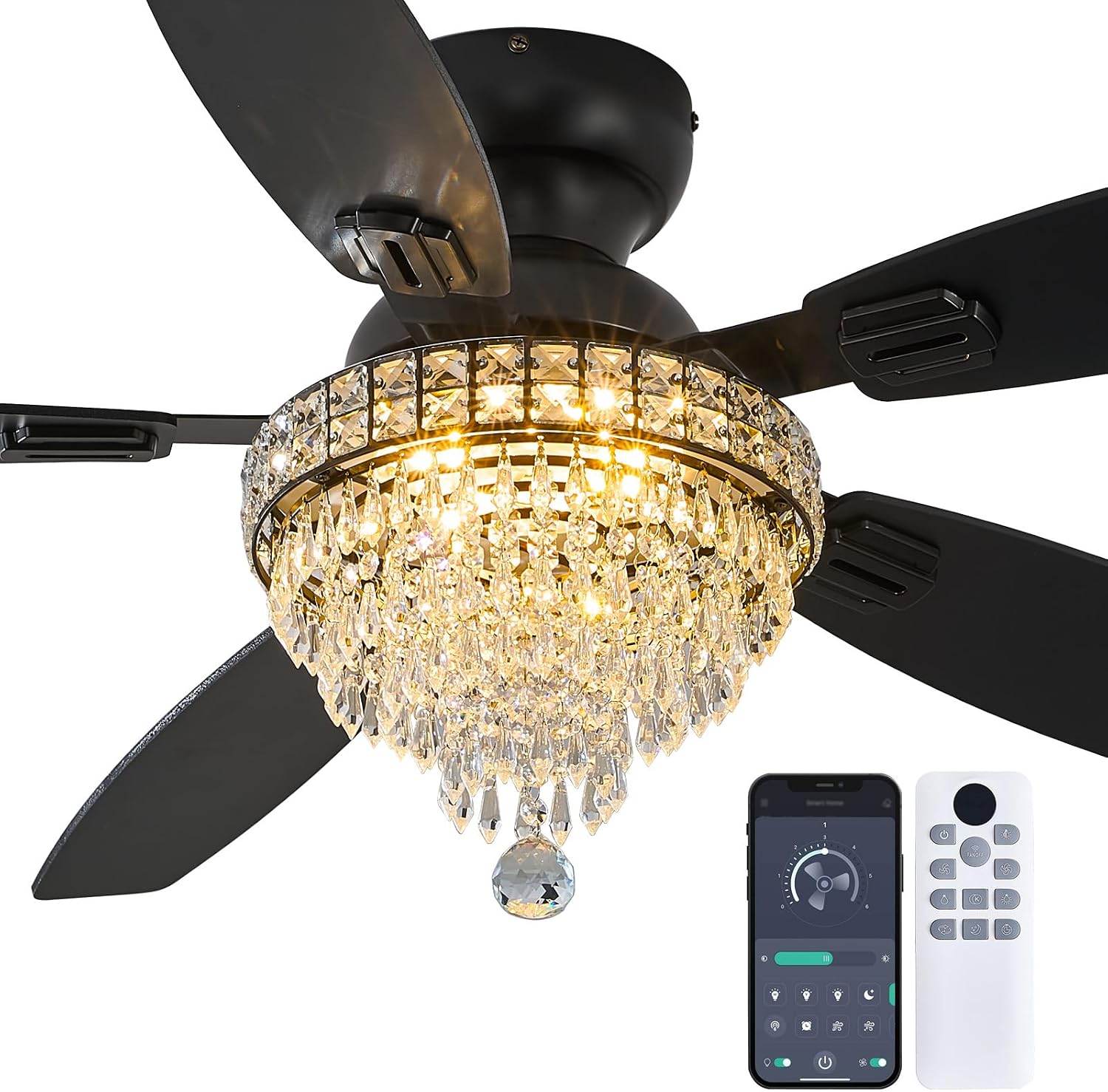 Crystal Ceiling Fan Fandelier with Lights-Ceiling Fans with Lights,54' Low Profile and Remote Control, Flush Mount, Reversible, Dimmable, Noiseless, Black Ceiling Fan for Bedroom