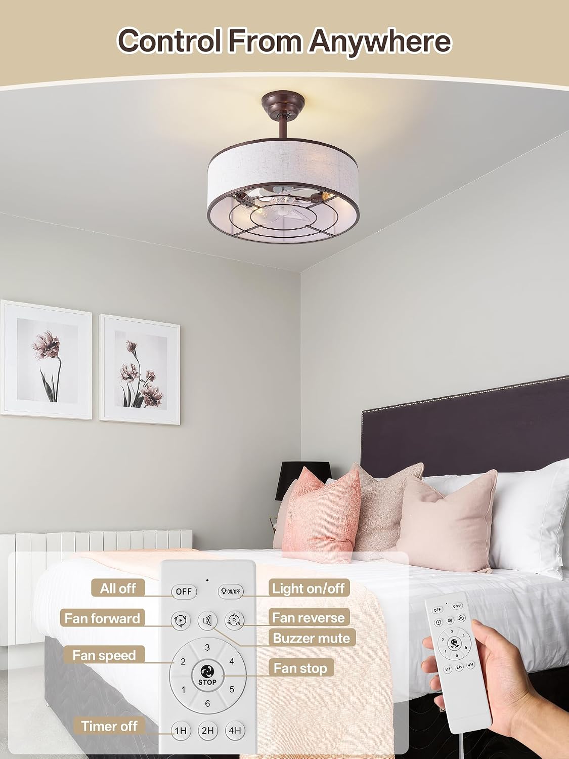 20' Brown Caged Boho Fandelier Ceiling Fan with Light & Remote Control - Bladeless Chandelier Fan, 6 Speed Quiet Reversible Motor for Bedroom, Nursery, Living Room