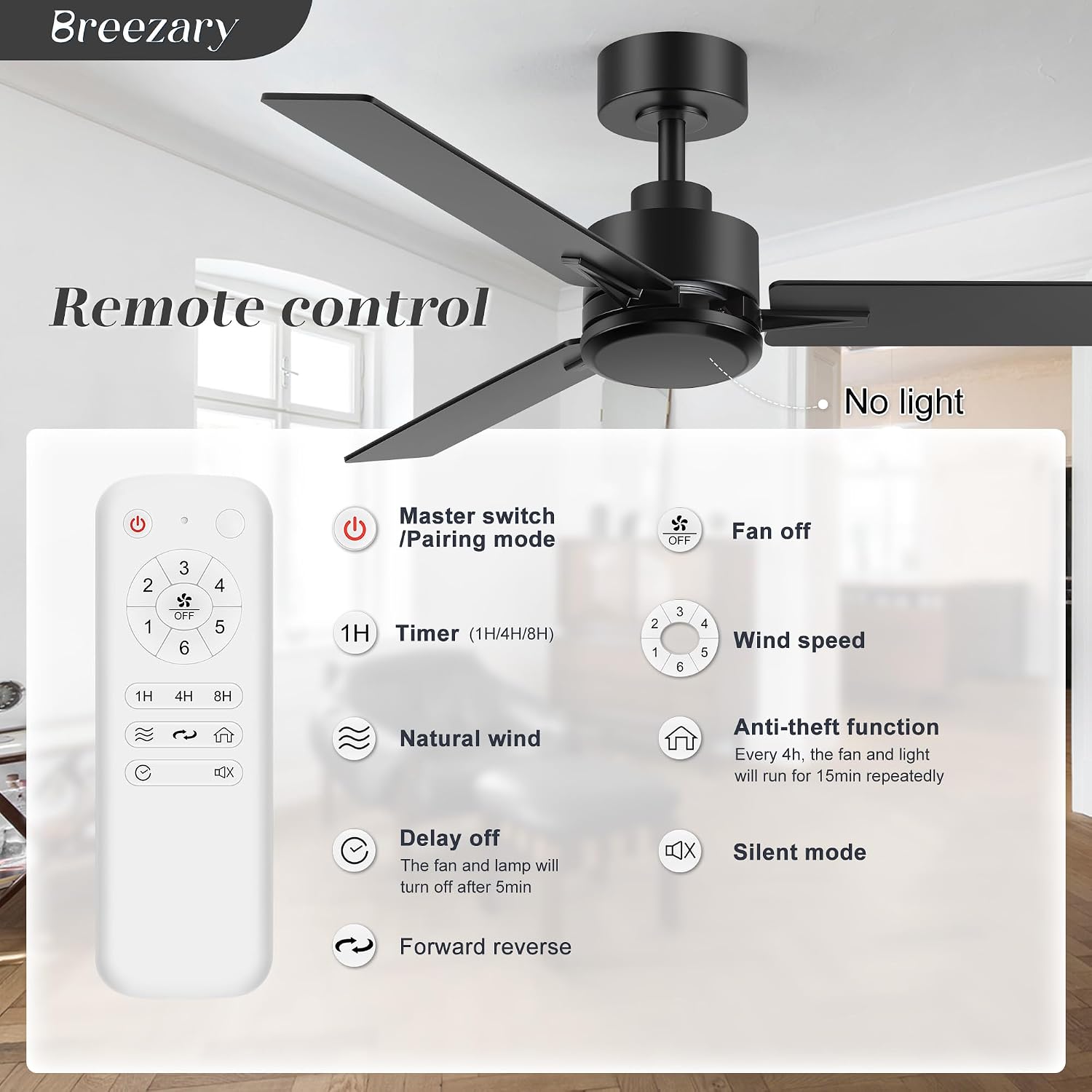 2 Pack 48 Inch Ceiling Fans without Light Remote Control, 6-Speed, Quiet Reversible DC Motor, 3-Blade, Industrial Indoor/Outdoor Ceiling Fan No Light for Living Room Patio, Black