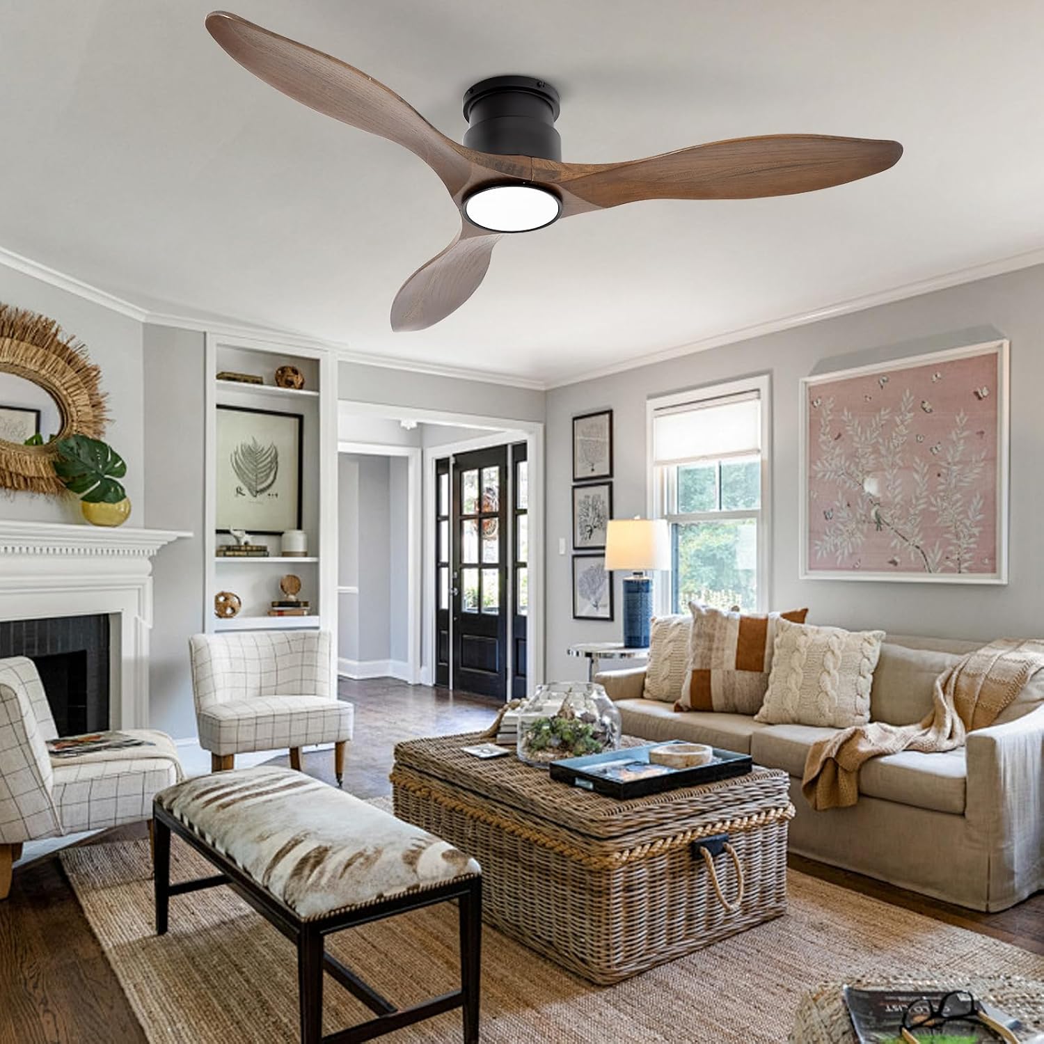 52'' Ceiling Fan with Lights and Remote, 3 Blade Amber Wood Low Profile Flush Mount Ceiling Fan Indoor, Reversible 6 Speeds Dimmable LED Light Fan for Bedroom Living Room Farmhouse