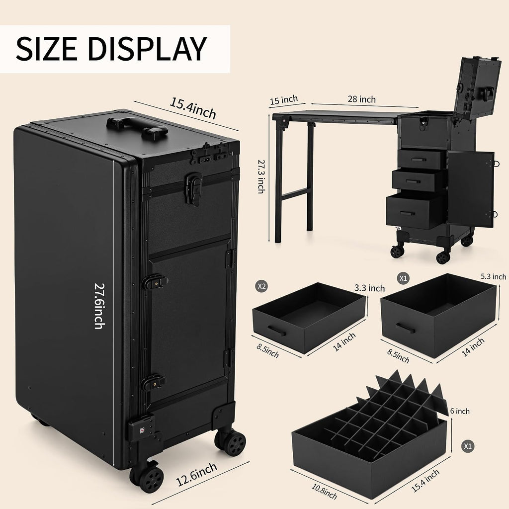 Portable Manicure Table 3 Drawers, Rolling Lockable Makeup Train Case with Blueteeth Speaker and Nail Polish Organizer, Foldable Nail Desk with Mirror & TSA Lock for Nail Tech and Salon Use