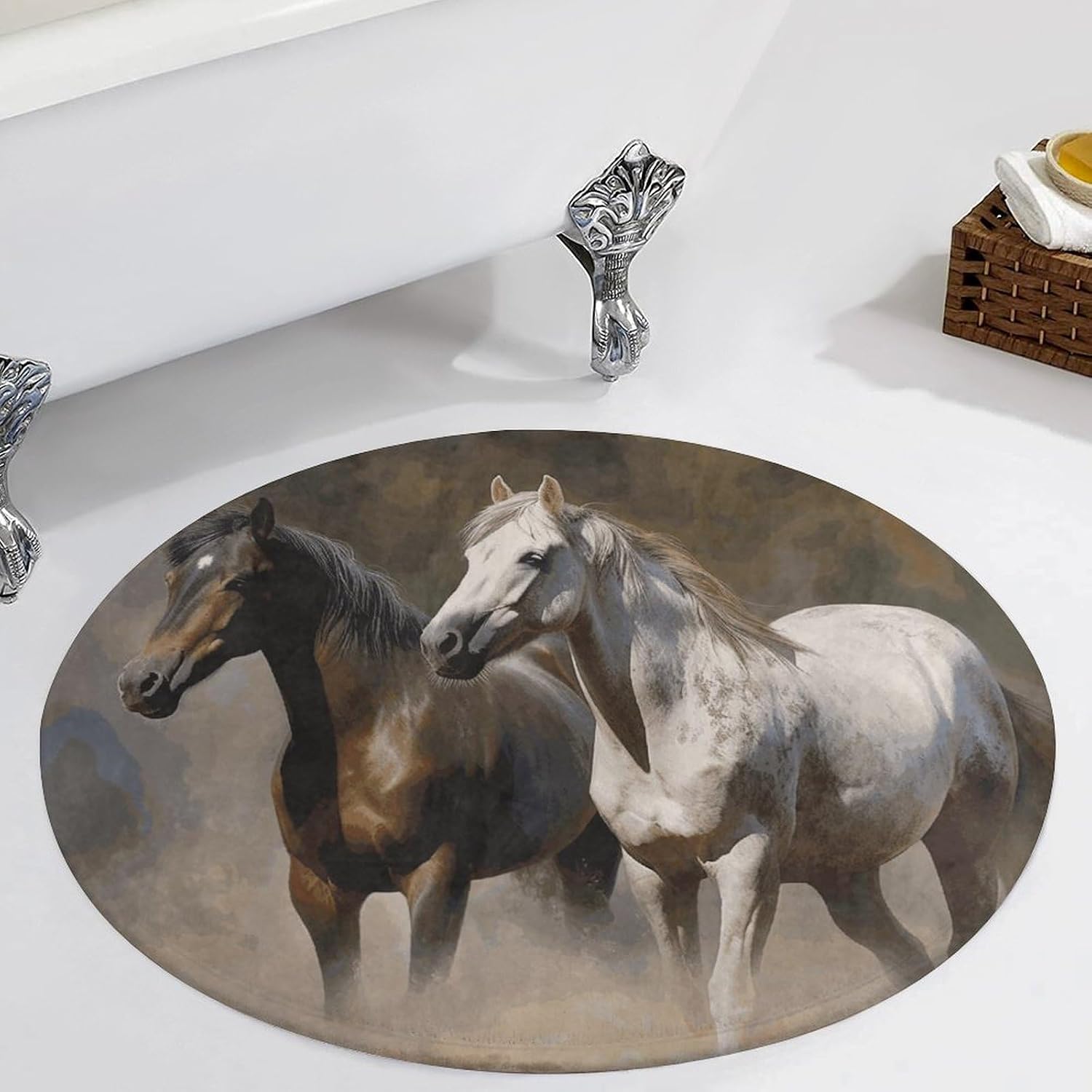Horses Animals Coral Velvet Round Floor Mat Non-Slip Bath Rug Floor Covering for Bathroom Vanity Guest Suite & Vacation Home