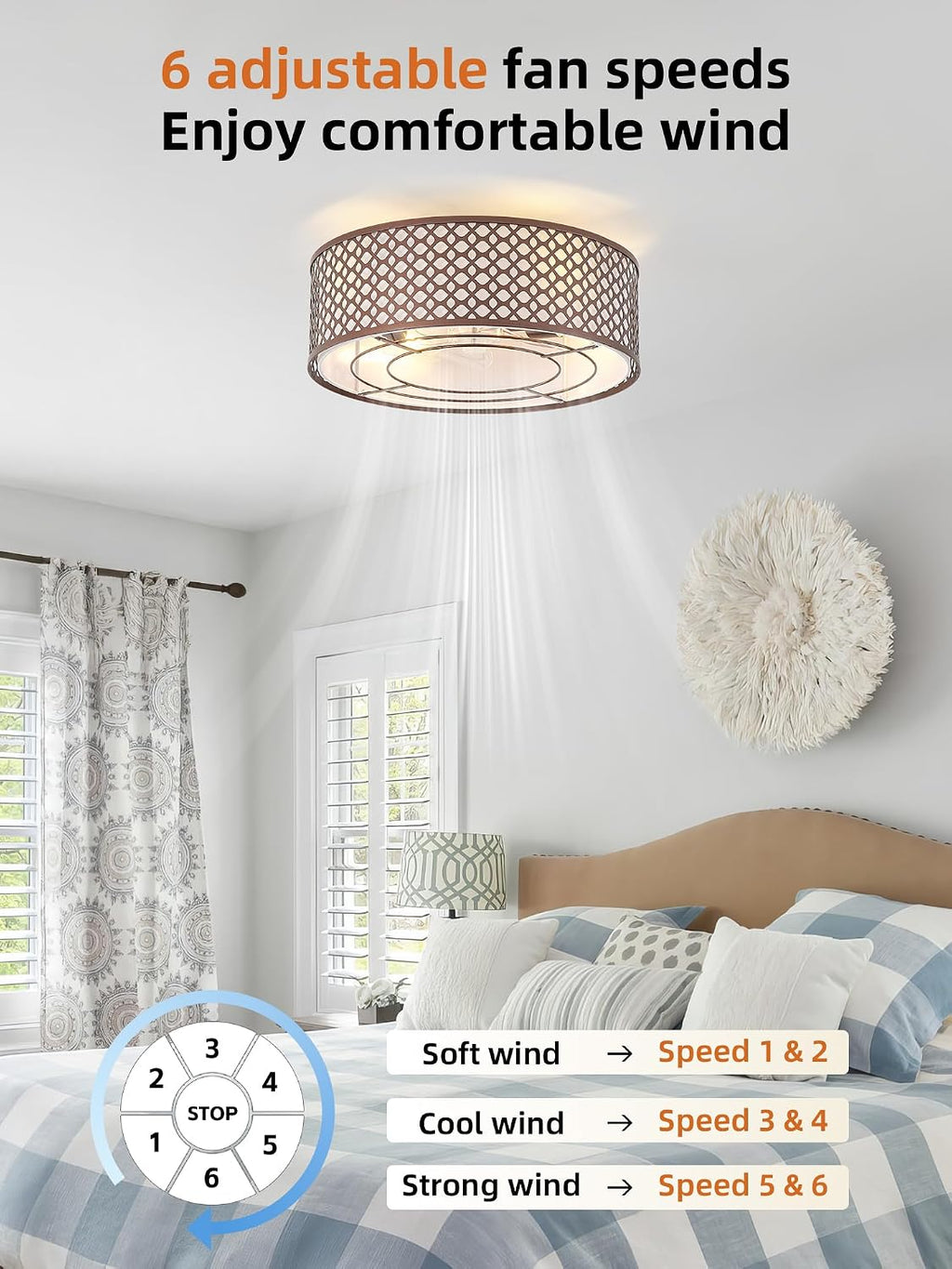 20' Brown Ceiling Fan with Light Flush Mount, Caged Farmhouse Ceiling Fans with Lights Remote Control, Round with 6 Speeds for Bedroom, Nursery, Living Room