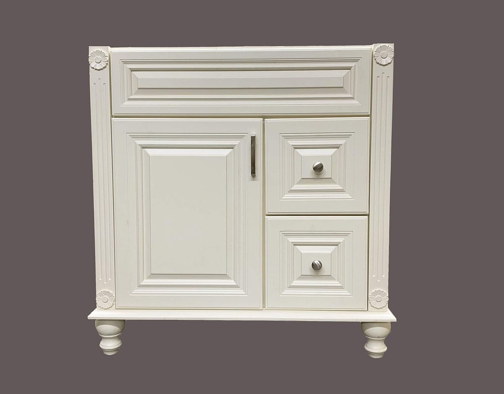 Antique White Solid Wood Single Bathroom Vanity Base Cabinet 30 inch W x 21 inch D x 32 inch H (Right Drawers)