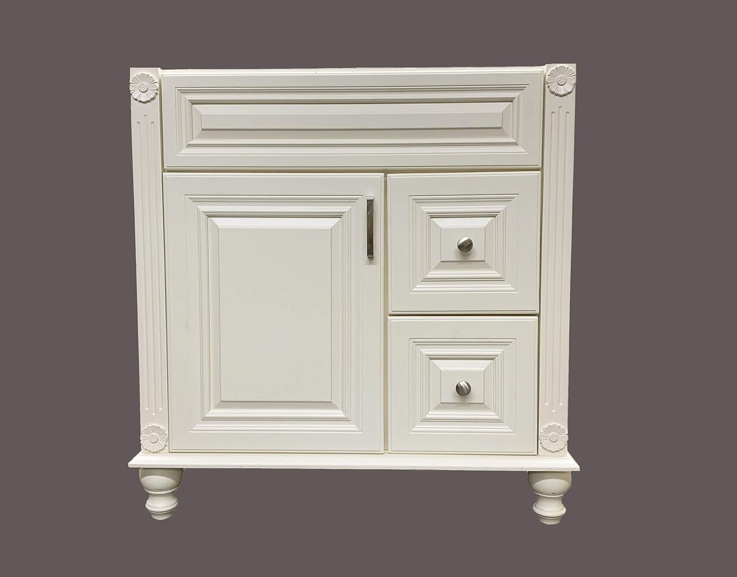 Antique White Solid Wood Single Bathroom Vanity Base Cabinet 30 inch W x 21 inch D x 32 inch H (Right Drawers)