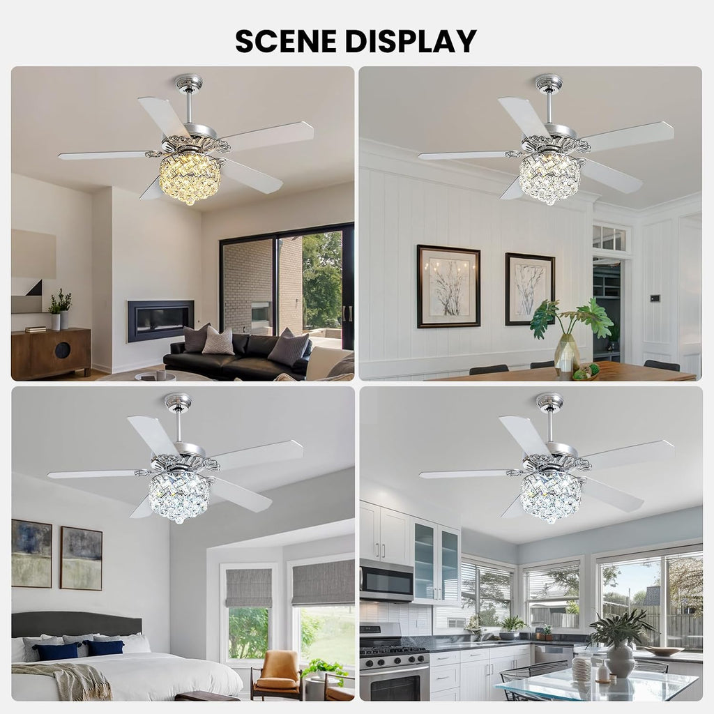 52' Crystal Ceiling Fan with Light Dimmable LED Chandelier Ceiling Fan Modern Reversible Fandelier Light Fixture with Remote for Bedroom Dining Room Living Room Chrome