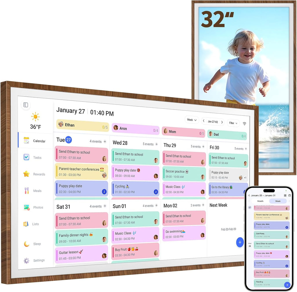32 Inch Digital Calendar Chore Chart with Touchscreen - Full HD Interactive Display, Wall & Desk Mountable Family Planner, to-Do List & Meal Planner, Digital Picture Frame Gifts for Women Mom