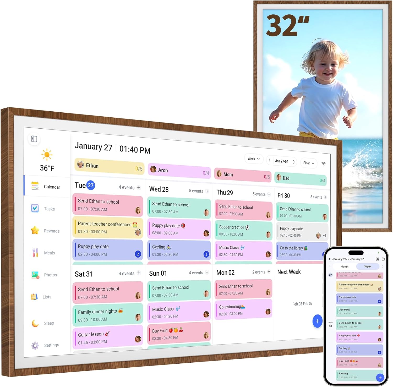 32 Inch Digital Calendar Chore Chart with Touchscreen - Full HD Interactive Display, Wall & Desk Mountable Family Planner, to-Do List & Meal Planner, Digital Picture Frame Gifts for Women Mom