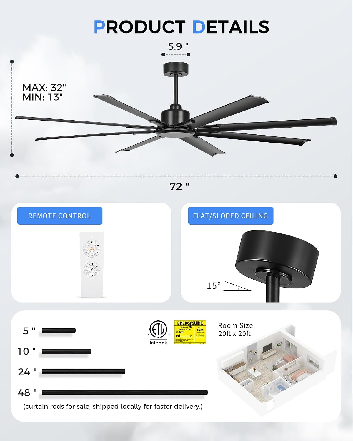 72 Inch Industrial Ceiling Fan Without Light, Matte Black Outdoor Model for Covered Areas, 8 Aluminum Blades, Powerful Airflow, Modern No-Light Design, CF04NBK-72