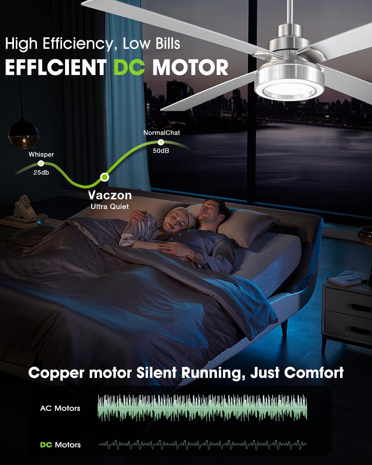 60 Inch Large Brushed Nickel Ceiling Fans with Lights and Remote/APP - Modern Sleek Indoor Outdoor Ceiling Fan for House, Living Room, Shop, Garage Silver Ceiling Fan, 3CCT Dimmable, 6 Speeds