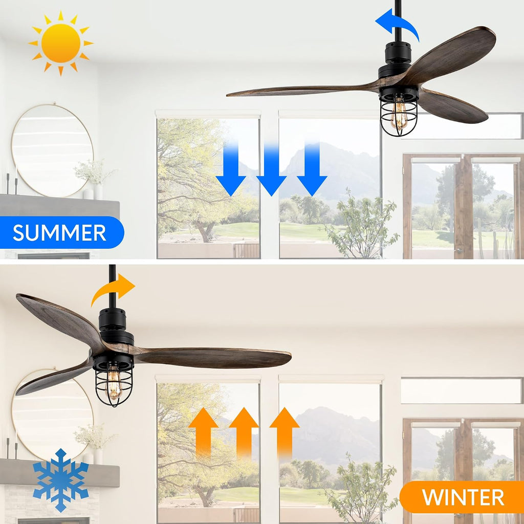 WWM 52 Inch Rustic Outdoor Ceiling Fan with Light and Remote, 3 Wood Blades, Include Bulbs Modern Black Farmhouse Industrial Ceiling Fan for Outdoor Ceiling Fans for Patios,Porch,Bedroom