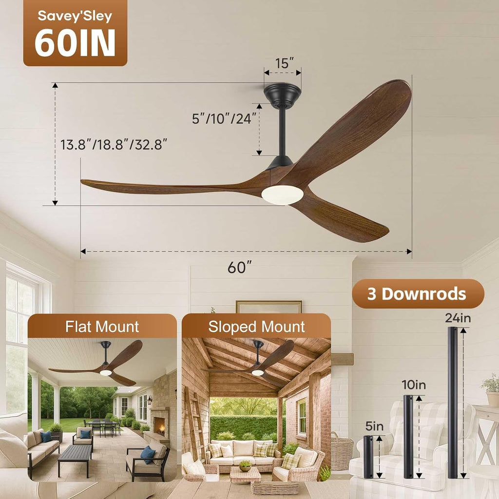 60 Inch Wood Farmhouse Ceiling Fan with Lights and Remote, 3 Propeller Solid Walnut Blades, Rustic Outdoor Ceiling Fans for Patio Damp Rated, Large Airflow Quiet Reversible DC Motor, for Indoor Room