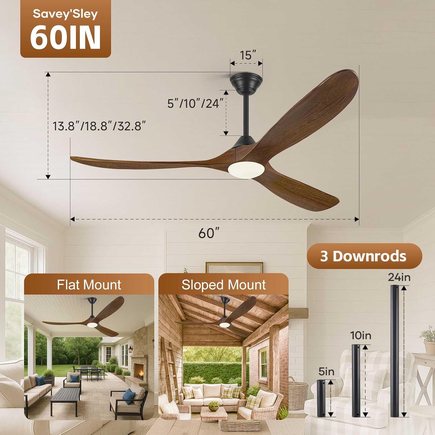 60 Inch Wood Farmhouse Ceiling Fan with Lights and Remote, 3 Propeller Solid Walnut Blades, Rustic Outdoor Ceiling Fans for Patio Damp Rated, Large Airflow Quiet Reversible DC Motor, for Indoor Room