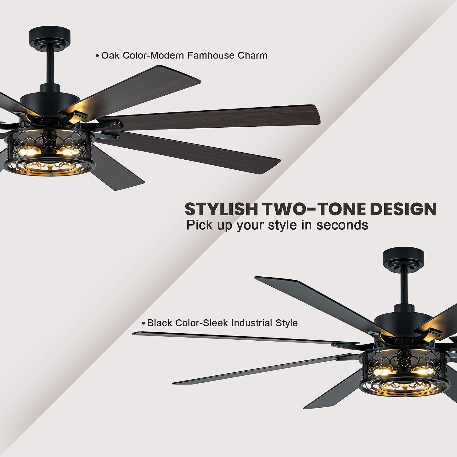 Dawn Whisper 72 Inch Ceiling Fans with Lights Black Farmhouse Ceiling Fan with Remote Quiet Reversible DC Motor 6 Speeds 8 Blades