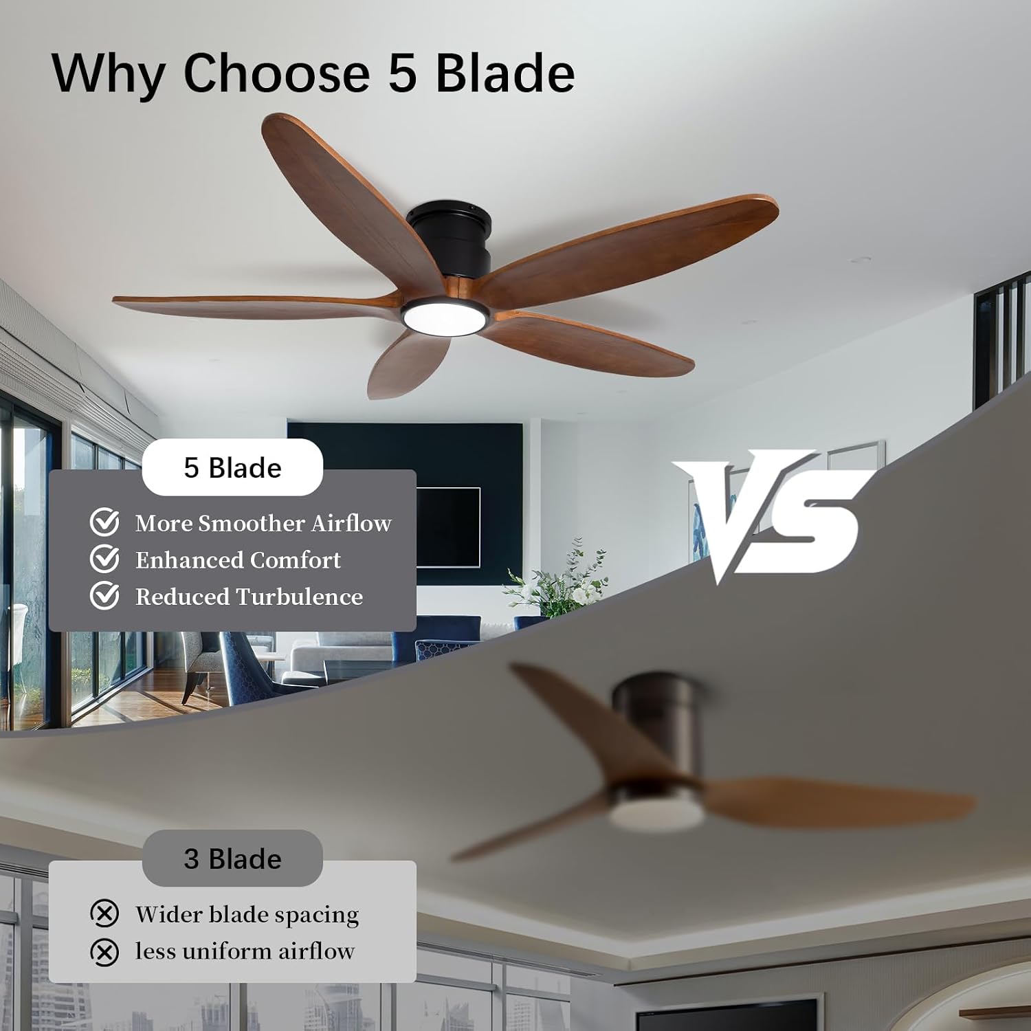 Ceiling Fan with Lights, 52Inch Flush Mount Ceiling Fan with Remote Control, 5 Wood Blades, DC Motor,3CCT,Walnut Wooden Ceiling Fans for Bedroom, Living Room, Home Office,Indoor