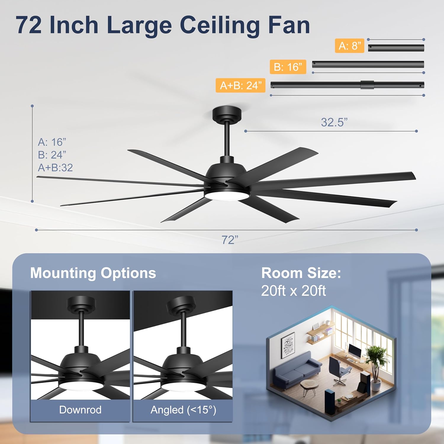 72'' Ceiling Fan with Light - Remote & APP Control, 3 CTT Dimmable, 6 Speed Reversible DC Motor Fan for Shop, Garage, Covered Outdoor, Black