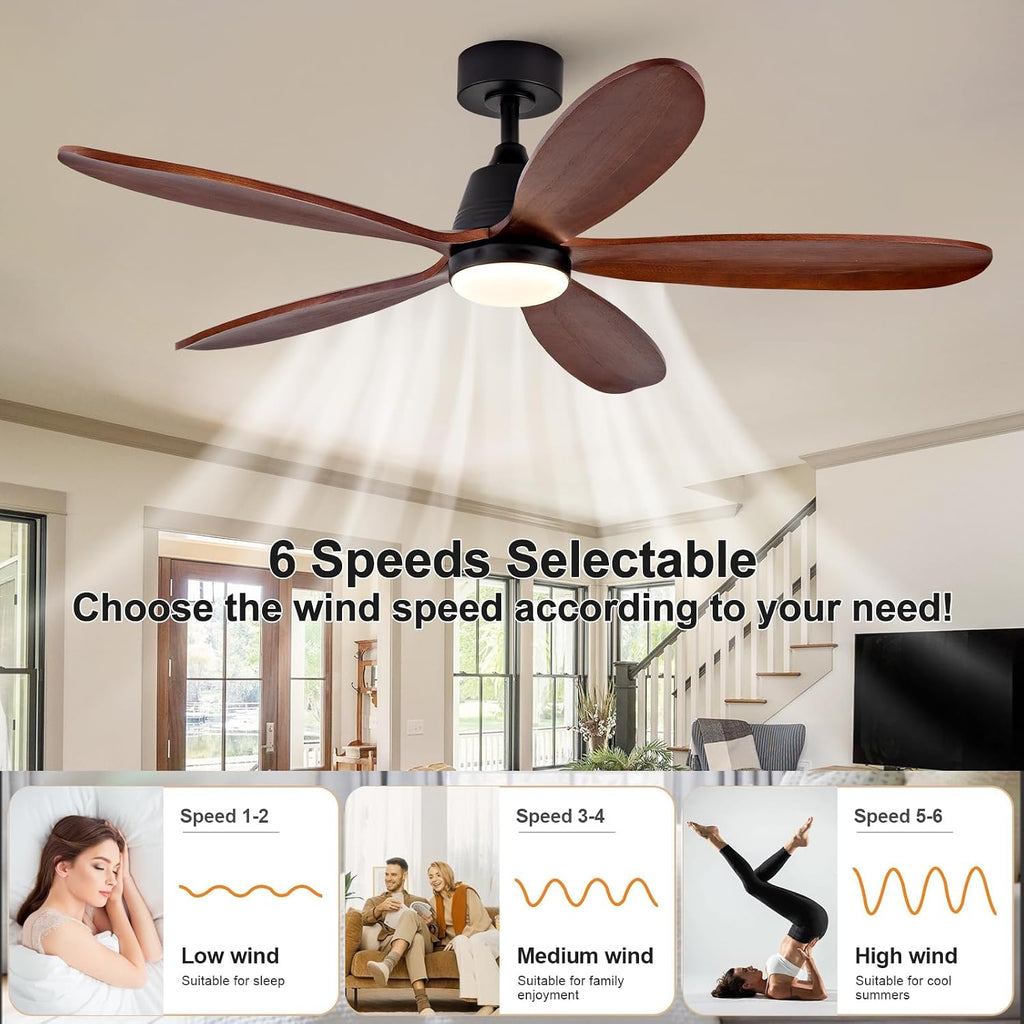 48 Inch Wood Ceiling Fans with Lights and Remote, Modern Outdoor Ceiling Fan with Light for Patio, Dimmable, 5 Blades, Wall Switch, Reversible DC Motor, Memory Function (Black Walnut)