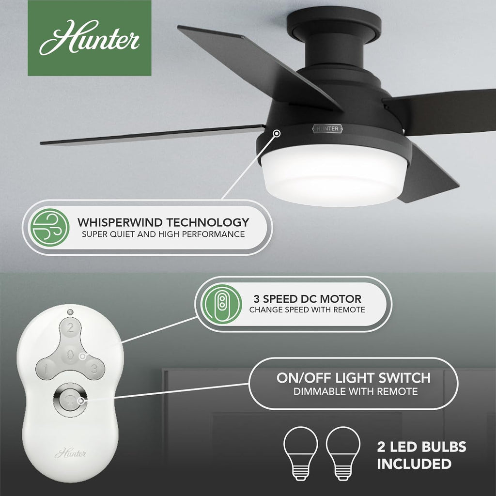 Hunter 44 inch Indoor Ceiling Fan with LED Light and Remote Control - Black Modern Ceiling Fan, Low Profile Mount, 4 Blades, For Bedroom, Living Room, or Kitchen, Quiet - Dempsey 52390, Matte Black
