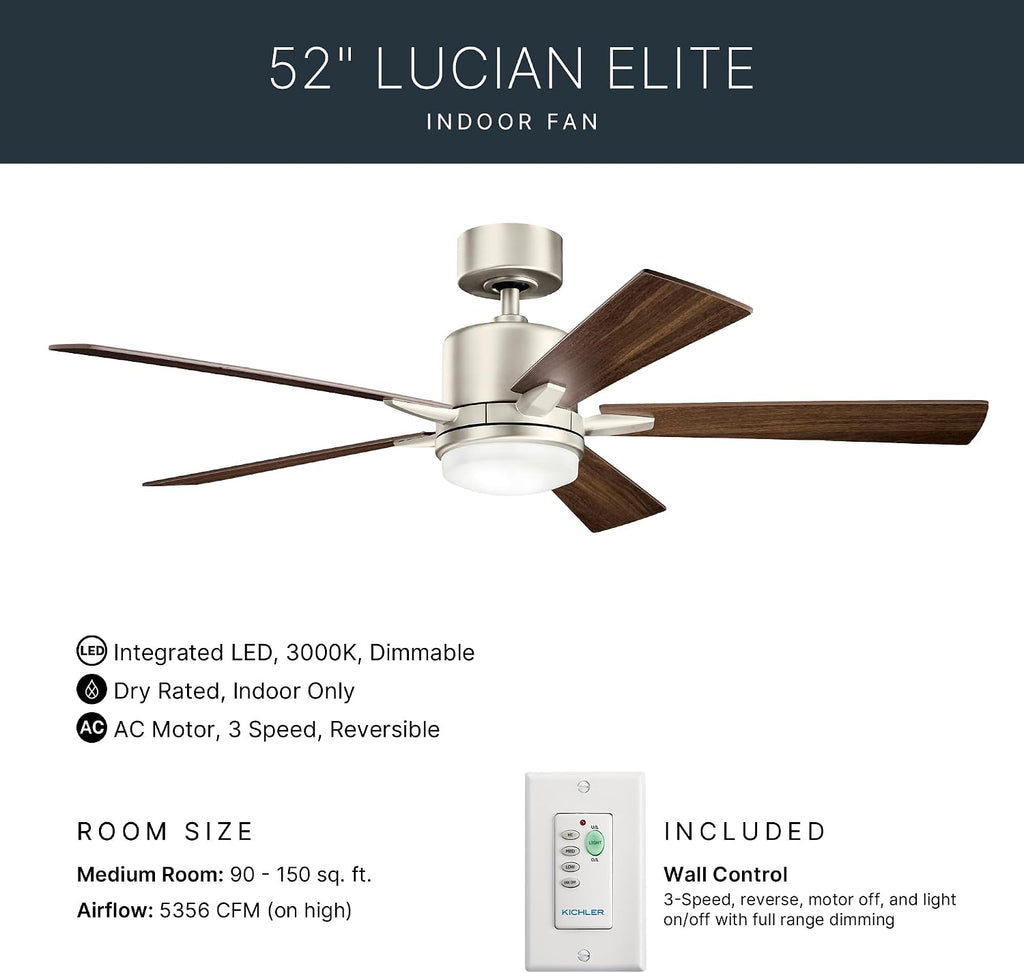 KICHLER 330000NI Protruding Mount, 5 Silver/Walnut Blades Ceiling fan with 73 watts light, Brushed Nickel